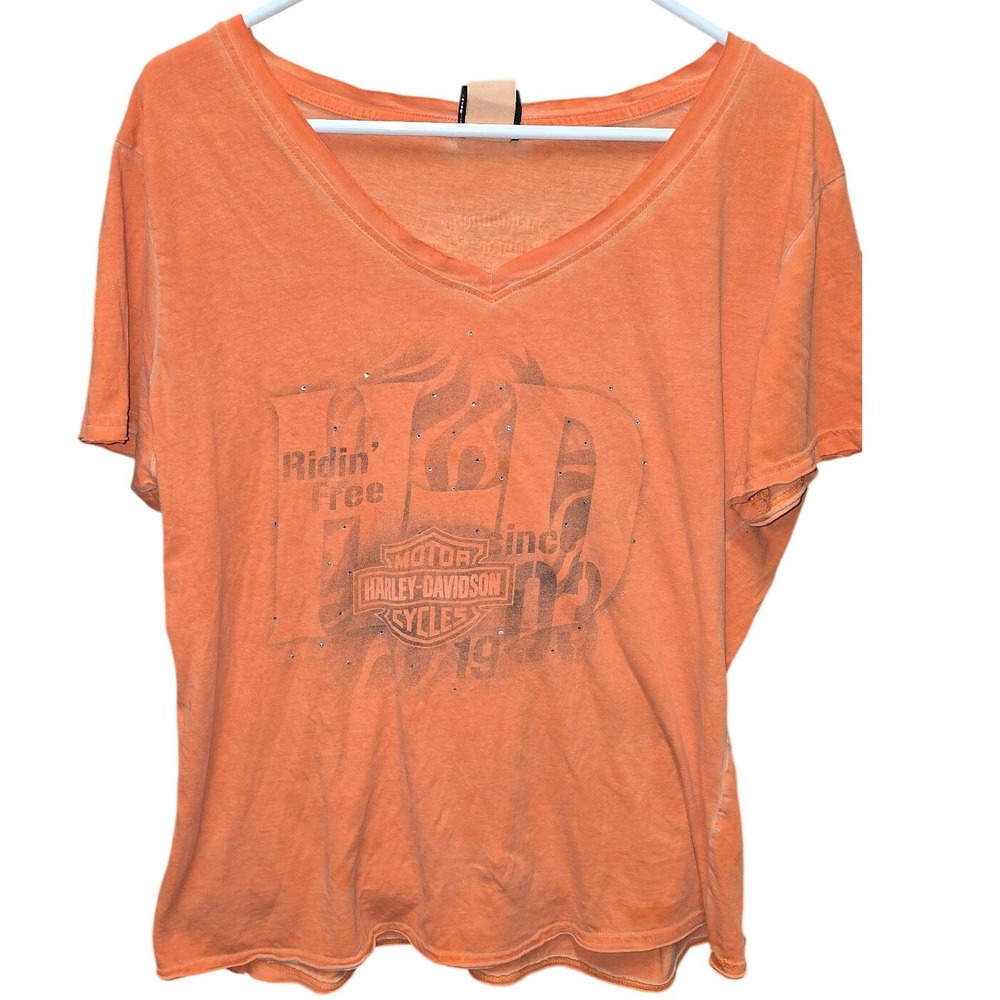 Harley-Davidson‎ Womens Orange V-Neck Graphic T-Shirt 2XL Indianapolis Southside